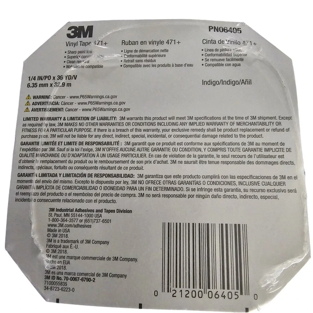 3M Vinyl Tape 471+ Indigo 1/4 Inch x 36 Yards Fine Line Masking PN06405